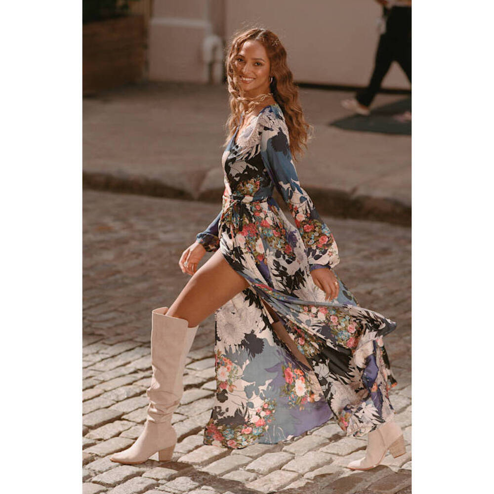 Lulus Put On A Smile Blue Floral Print Satin Wrap Maxi Dress - Size L
